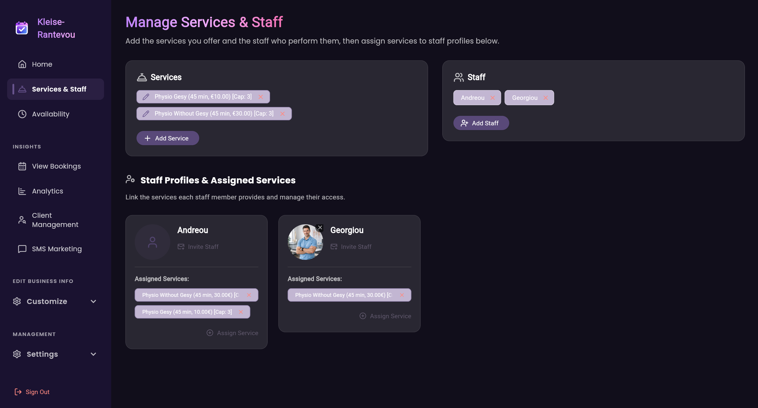 Staff and Services Setup